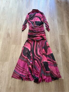 hutch omi pink geometric pattern ruched long sleeve mesh maxi dress size small